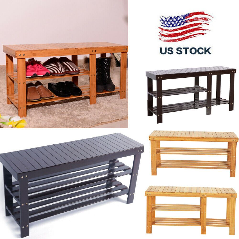 90cm Strip Pattern 3 Tiers Bamboo Stool Shoe Rack Coffee