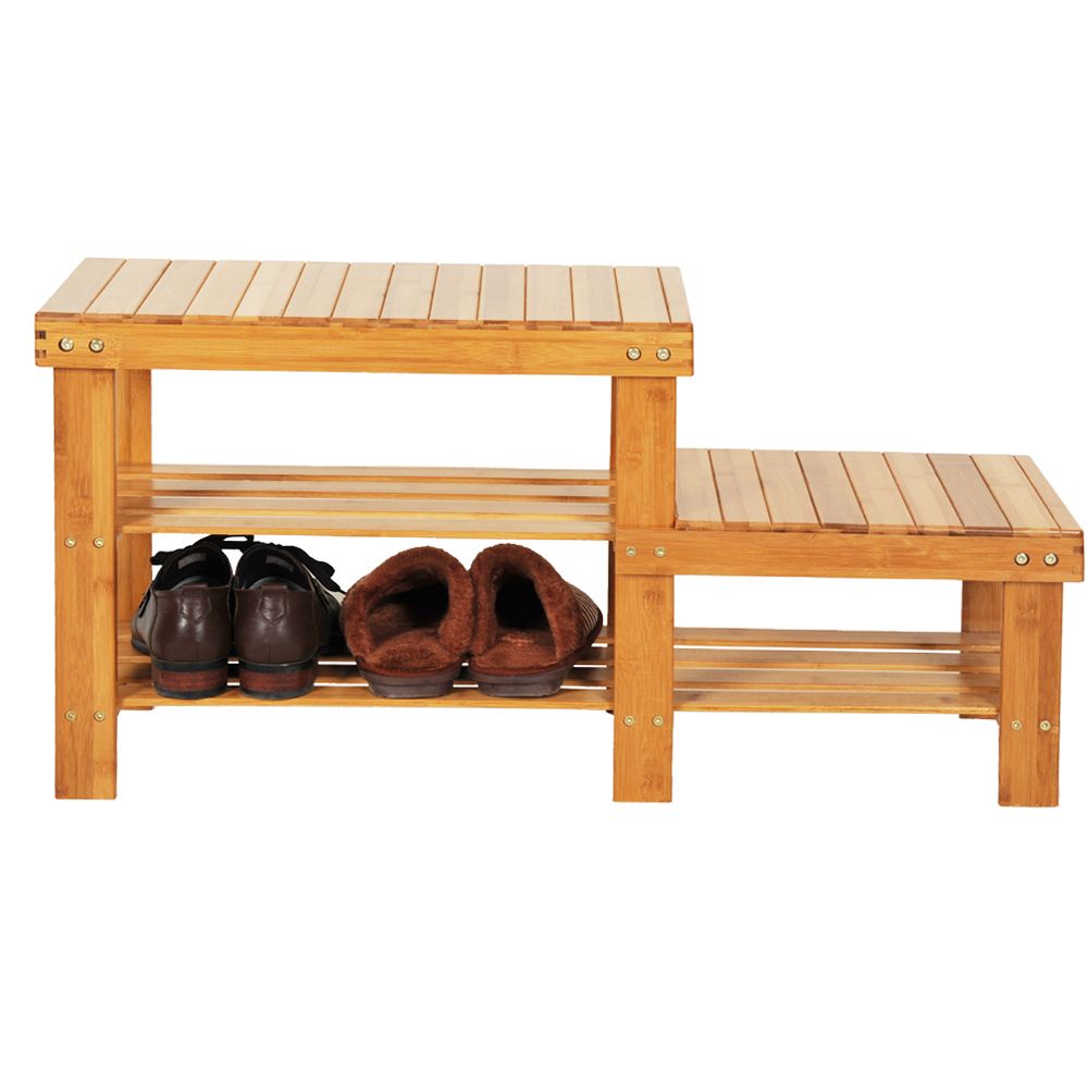 90cm Strip Pattern Tiers Bamboo Stool Shoe Rack for Kids Wood Color RT