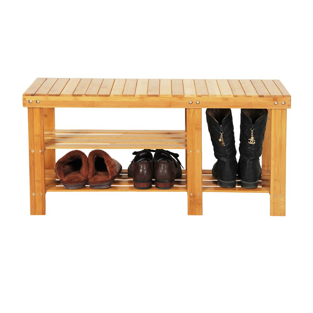 90cm Strip Type Bamboo Stool Shoe Rack with Boots Compartment Coffee