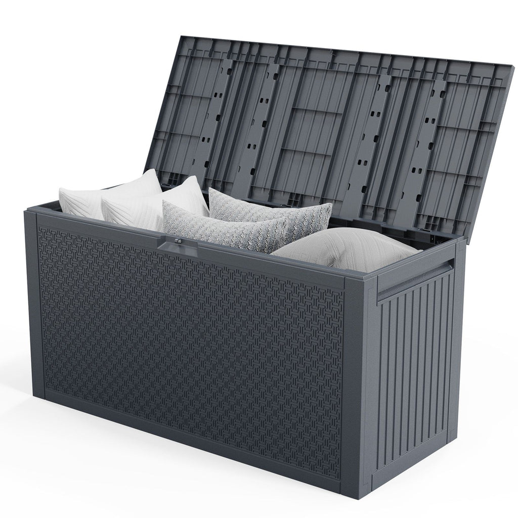 90gal Outdoor Garden Plastic Storage Deck Box Chest Tools Cushions Toys Lockable Seat