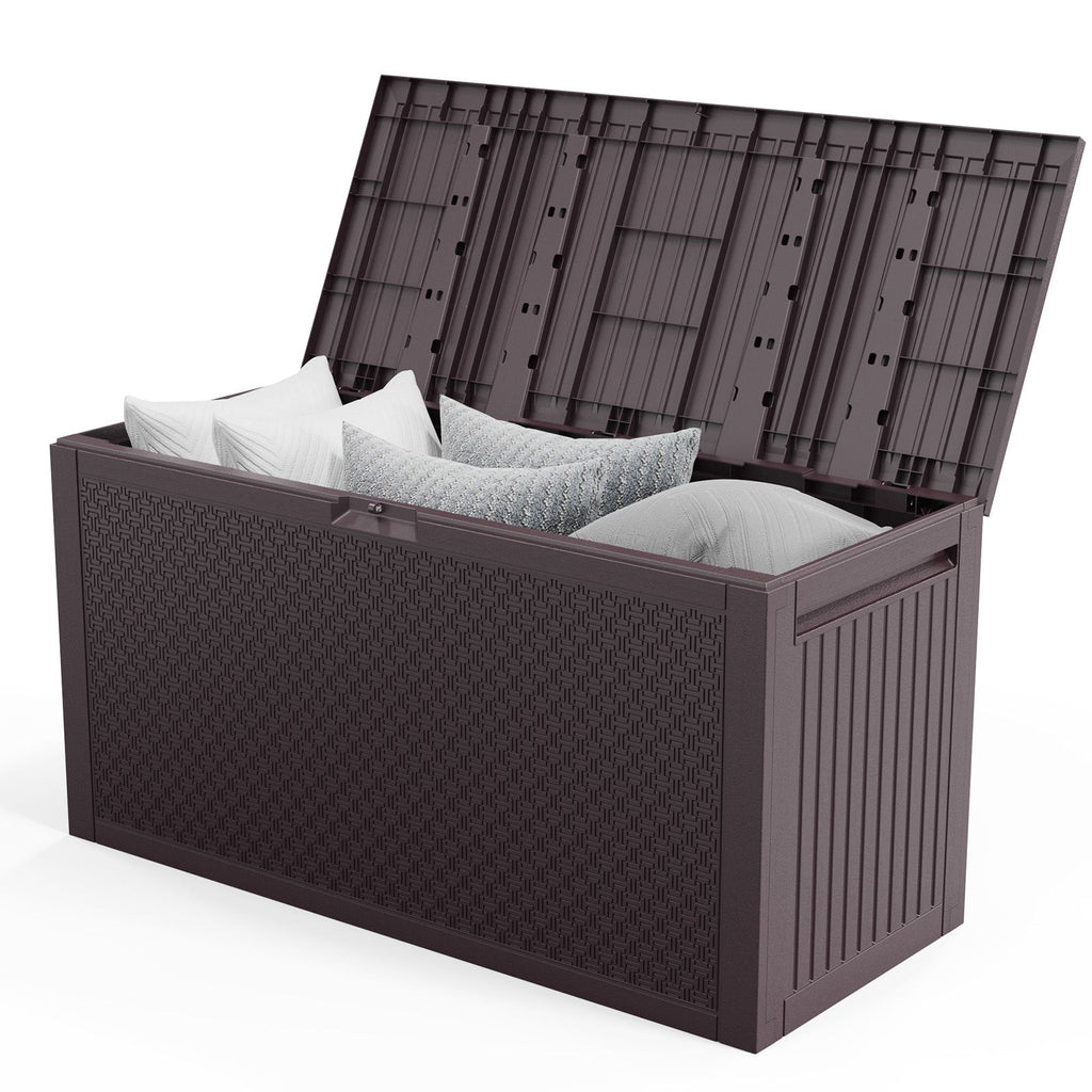 90gal Outdoor Garden Plastic Storage Deck Box Chest Tools Cushions Toys Lockable Seat