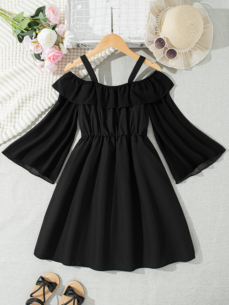 Girl's Elegant Off-Shoulder Chiffon Long Sleeve Solid Color Regular Fit Dress For Girls - Summer Casual Fashion Outfit