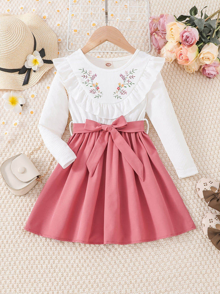 Girls Ruffled Splicing Dress With Belt Long Sleeves Round Neck Flowers Print Princess Dress Kids Clothes