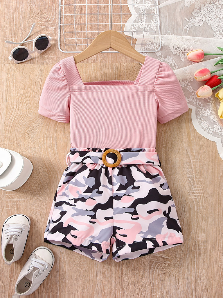 2pcs Girls Puff Sleeve Square Neck Top & Belted Camouflage Shorts Set Kids Summer Clothes