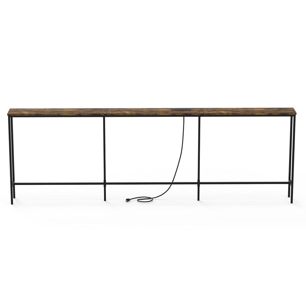 94.49" Console Table, Melamine Laminated MDF & Metal Frame, Built-in Power Outlet, Narrow Entryway Sofa Table, Rustic Brown