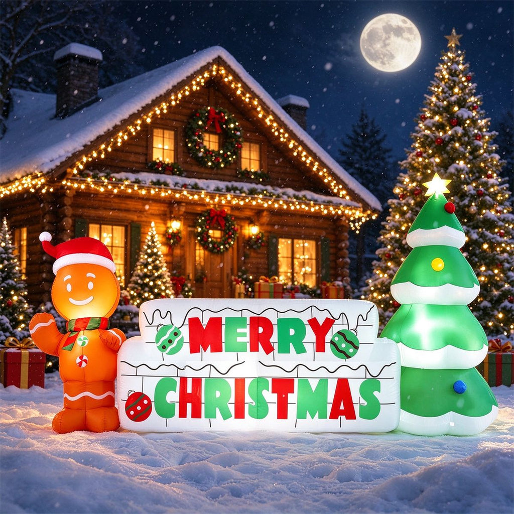 9.5 FT Inflatable Merry Christmas Sign with Gingerbread Man & Xmas Tree, Built-in LED Lights Blow Up Yard Decoration with Stakes, Ropes and Sandbags
