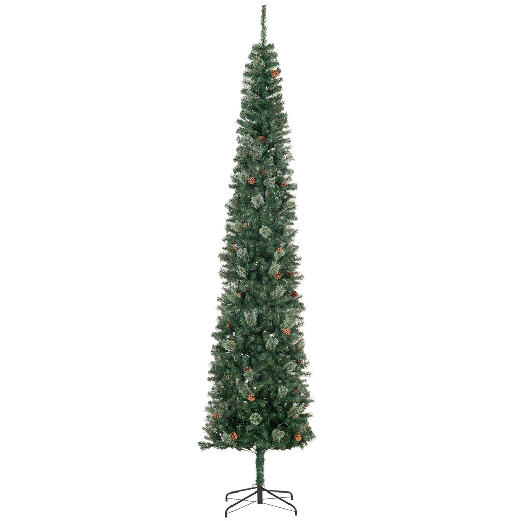 9.5ft Pencil Christmas Tree, Slim Xmas Tree with Realistic Branches, Pine Cones and Metal Base, Green