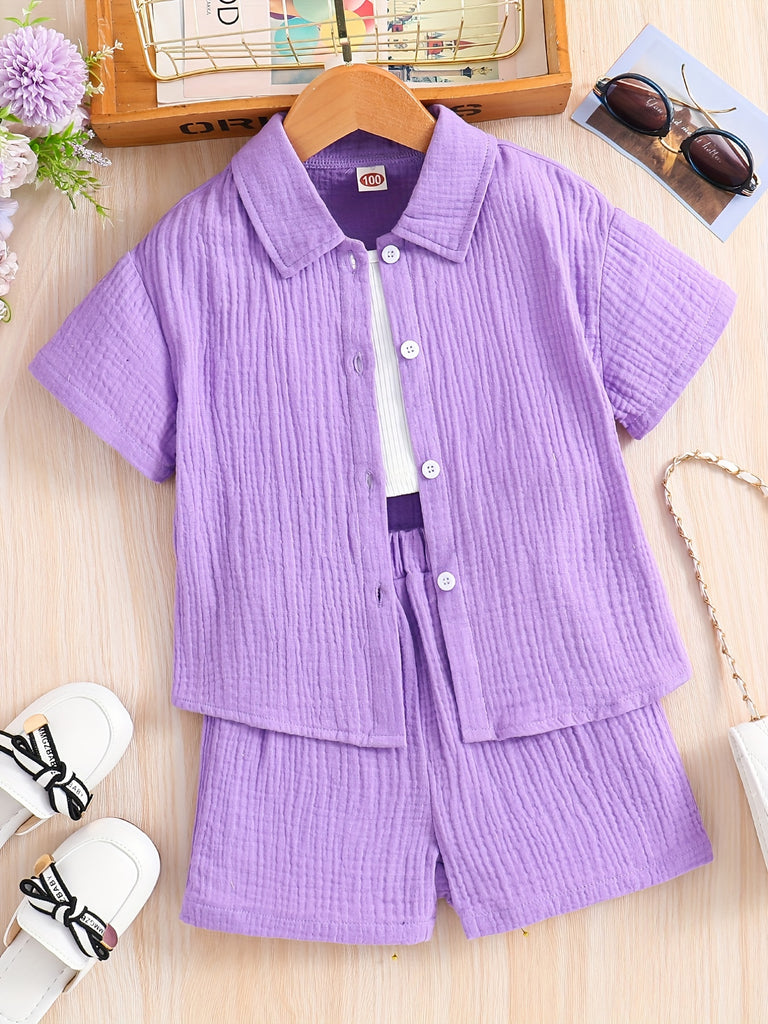 3 Pcs Kids Button Down Short Sleeve Shirt & Cropped Camisole & Shorts Girls Muslin Suit For Summer Daily Casual Outing