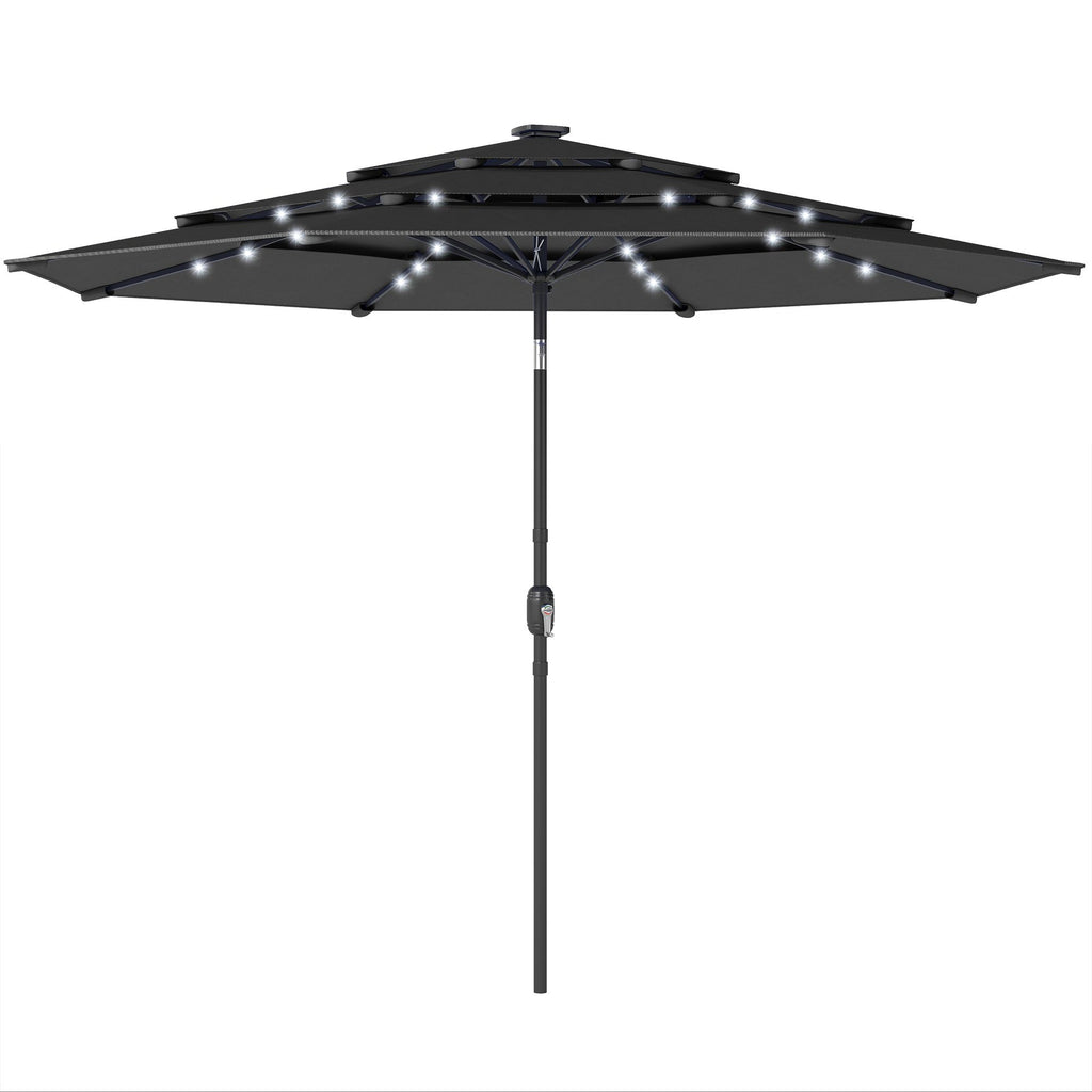 9.7 ft Outdoor Patio Umbrella with Solar LED Lights, 3 Tier Outdoor Table Umbrella with Tilt, Crank, Black
