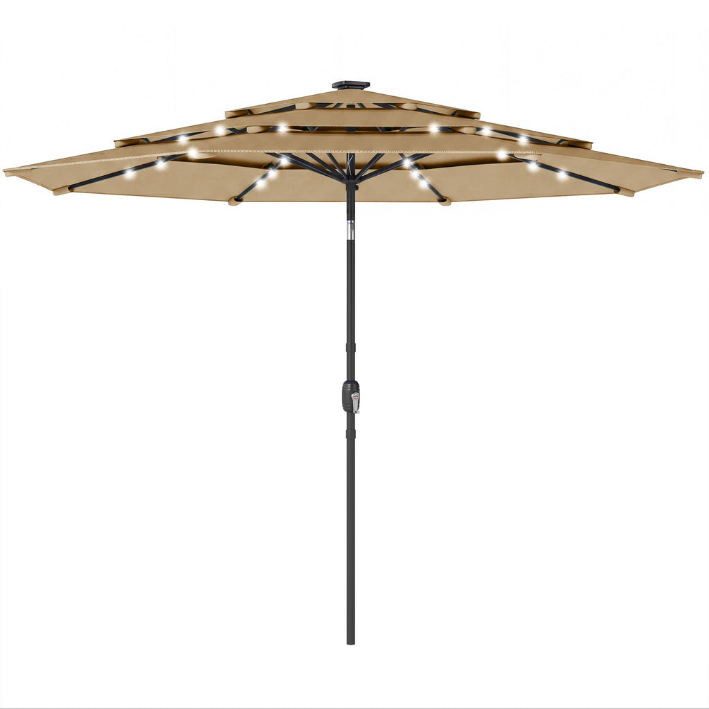 9.7 ft Outdoor Patio Umbrella with Solar LED Lights, 3 Tier Outdoor Table Umbrella with Tilt, Crank, Khaki