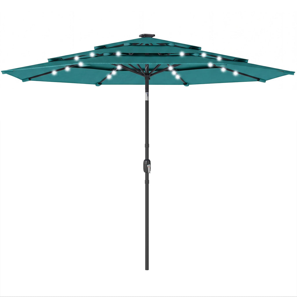 9.7 ft Outdoor Patio Umbrella with Solar LED Lights, 3 Tier Outdoor Table Umbrella with Tilt, Crank, Teal