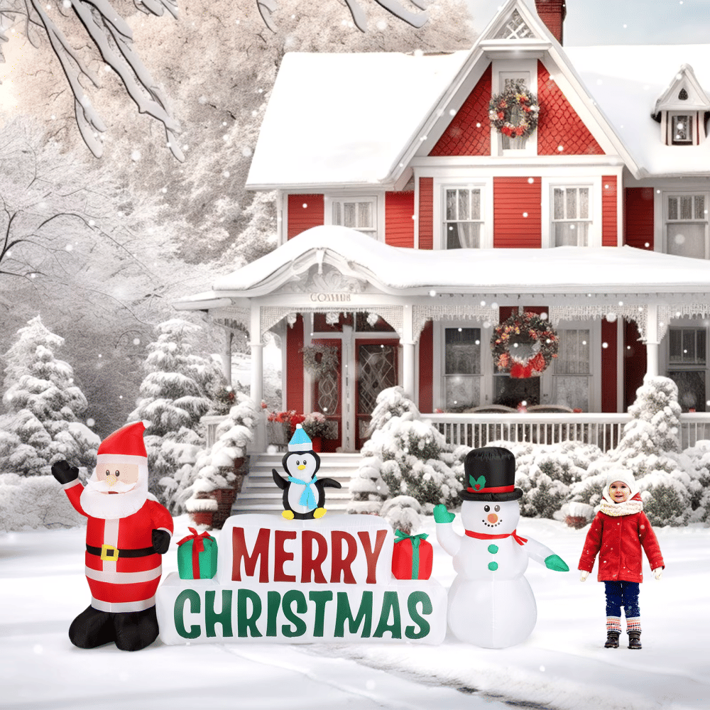 9.8 FT Lighted Christmas Inflatable Decoration, Inflatable Santa Claus and Snowman Holding Merry Christmas Sign, Funny Blow Up Yard Decorations with Built-in LED LightsforHoliday Party Front Yard