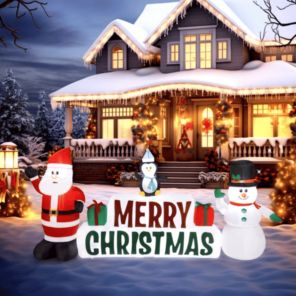 9.8 Ft Wide Lighted Santa and Snowman Christmas Inflatable with Merry Christmas Sign