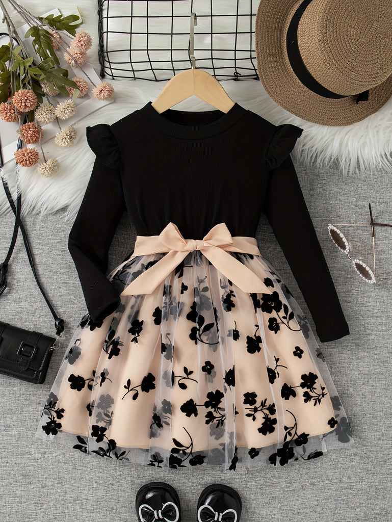 Black Floral Mesh A-line Girls Long Sleeve Party Dress, Sweet & Comfy A-line Party Princess Dresses