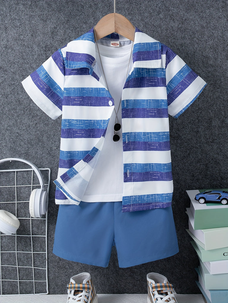 2pcs Boys Casual Striped Short Sleeve Lapel Shirt & Solid Shorts Set, Comfy Summer Boys Clothing