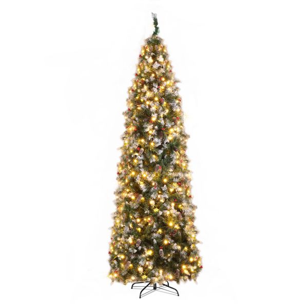 9ft Automatic Tree Structure Pointed Pencil Shape PVC Material Green Sticky White 460 Lights Warm Color 8 Modes 1298 Branches 91 Pine Cones 91 Berries Christmas Tree
