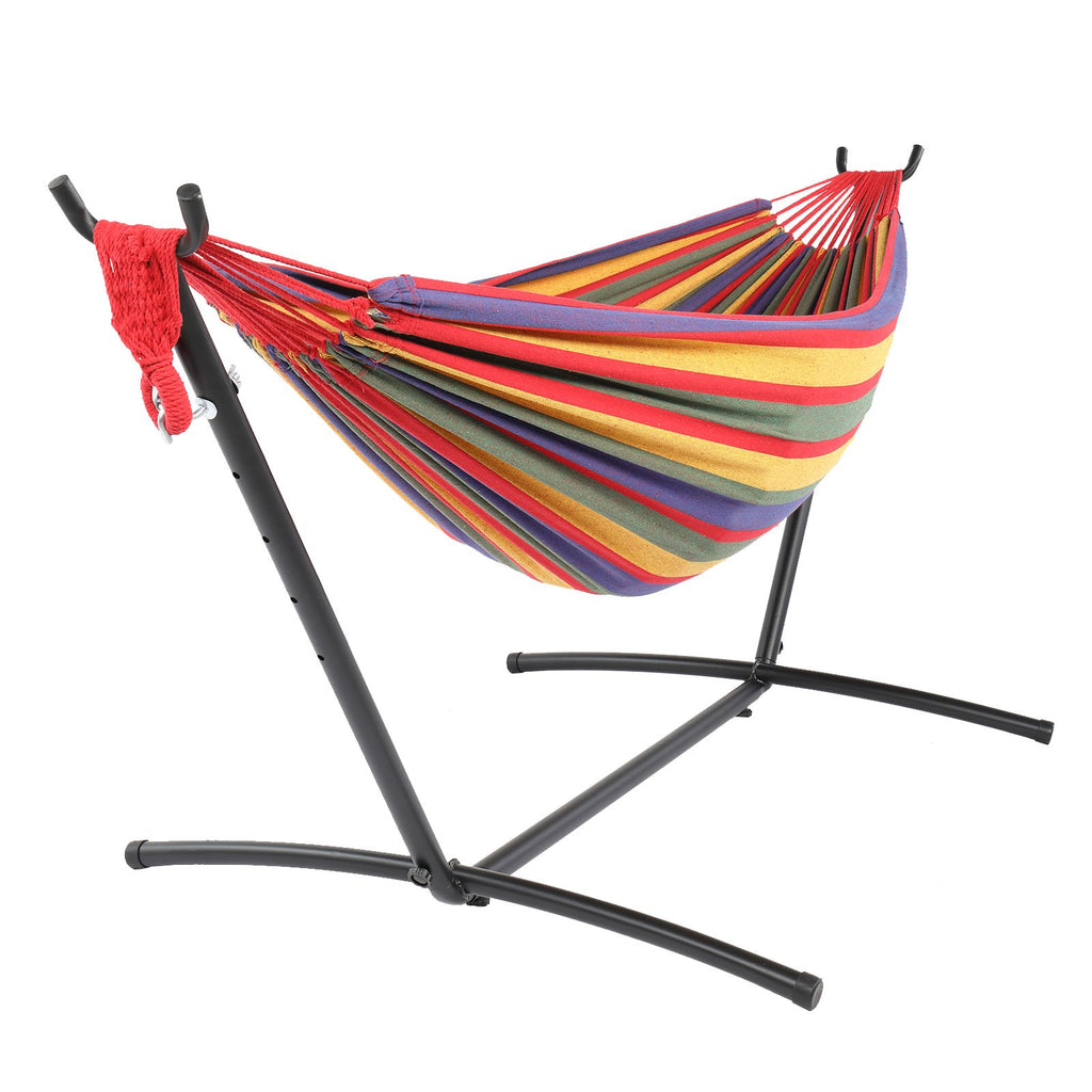 9ft Black Steel Pipe Hammock Frame with 200*150cm Polyester Cotton Hammock Four Red Strip Natural Rope Iron Hammock Set