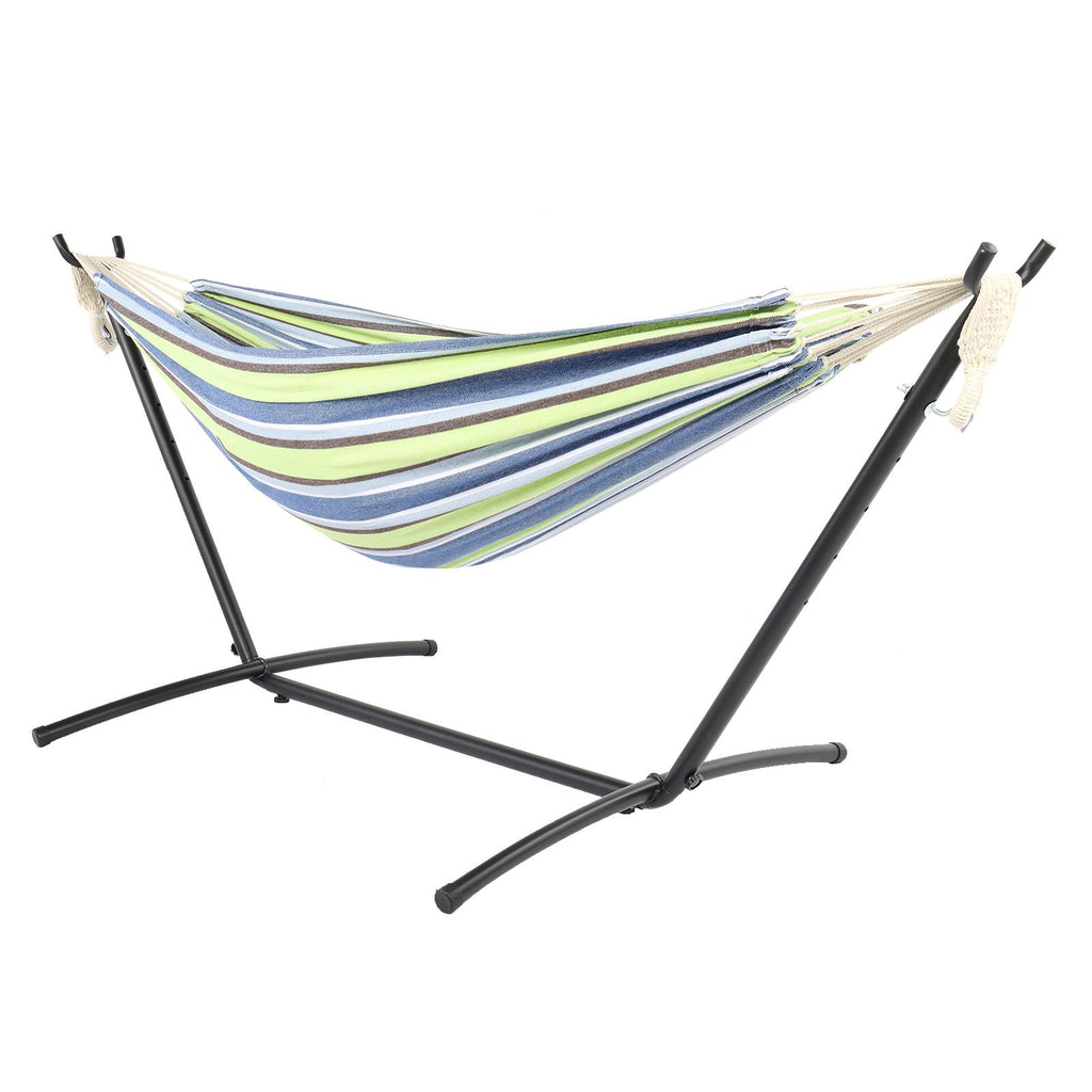 9ft Black Steel Pipe Hammock Frame with 200*150cm Polyester Cotton Hammock Green Strip Natural Rope Iron Hammock Set