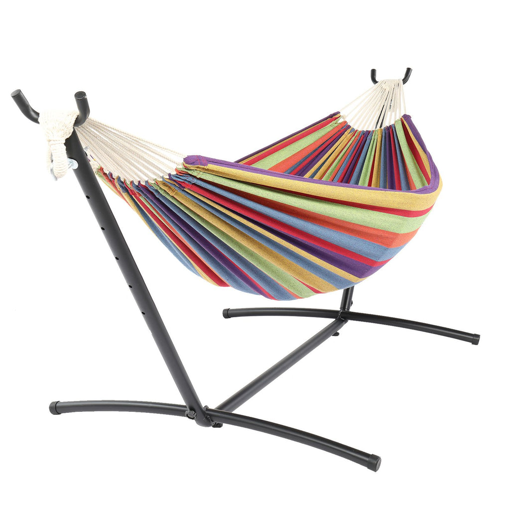 9ft Black Steel Pipe Hammock Frame with 200*150cm Polyester Cotton Hammock Small Color Strip Natural Rope Iron Hammock Set