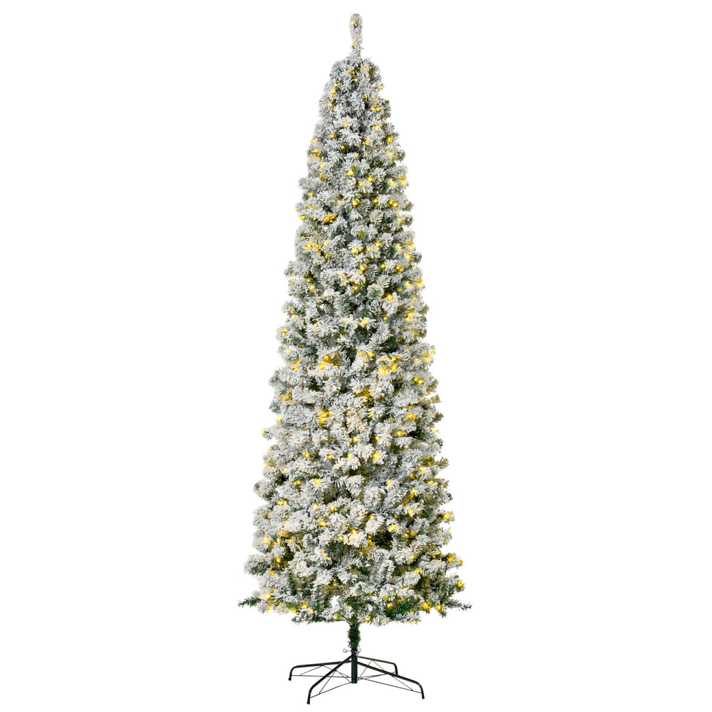 9ft Flocked Christmas Tree, Pre Lit Xmas Tree with 550 LED Lights, 988 Branches & Detachable Base, Christmas Decoration, Green/White