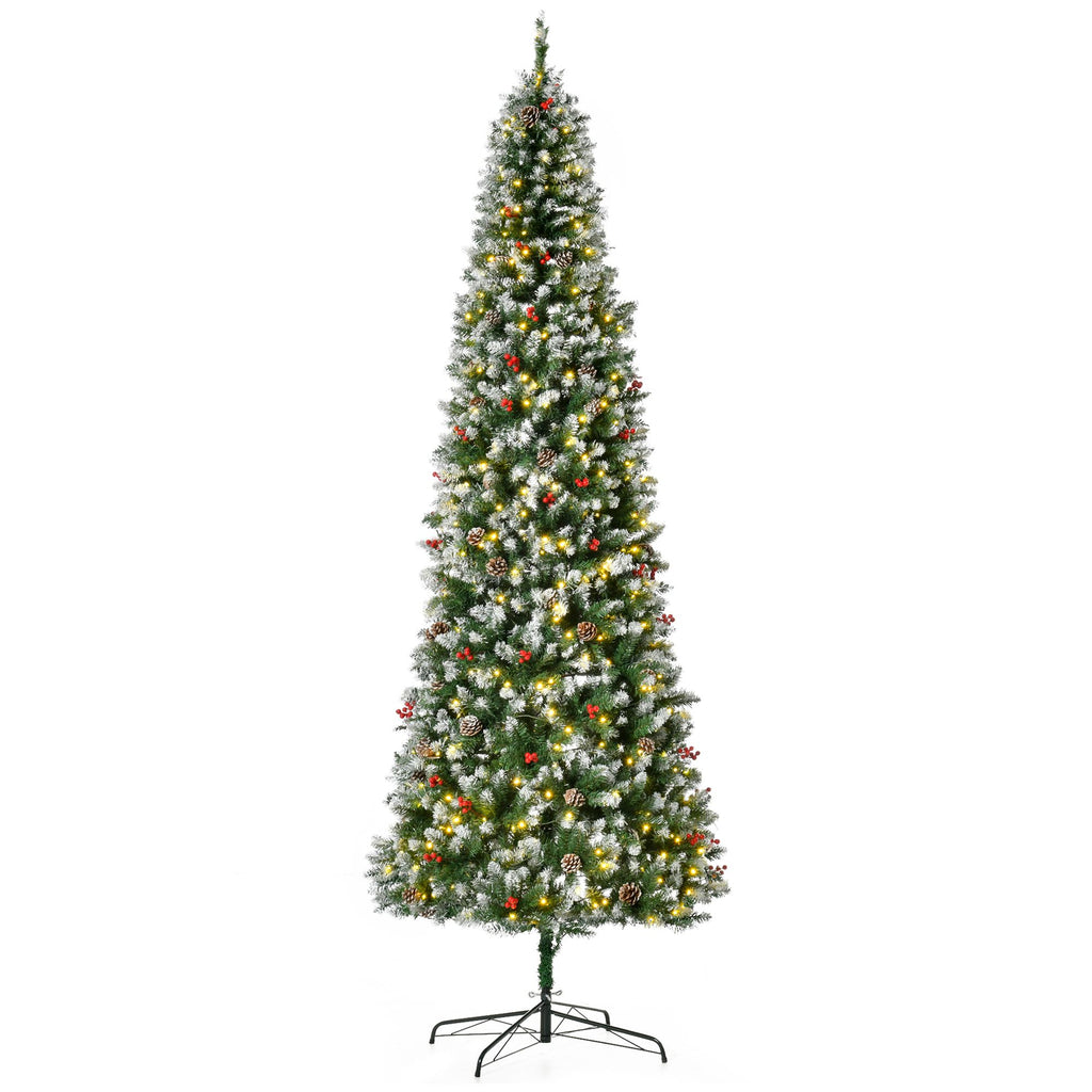 9ft Flocked Christmas Tree, Slim Prelit Christmas Trees, Holiday Decoration with LED Lights, Stand, Pine Cones & Red Berries, Green