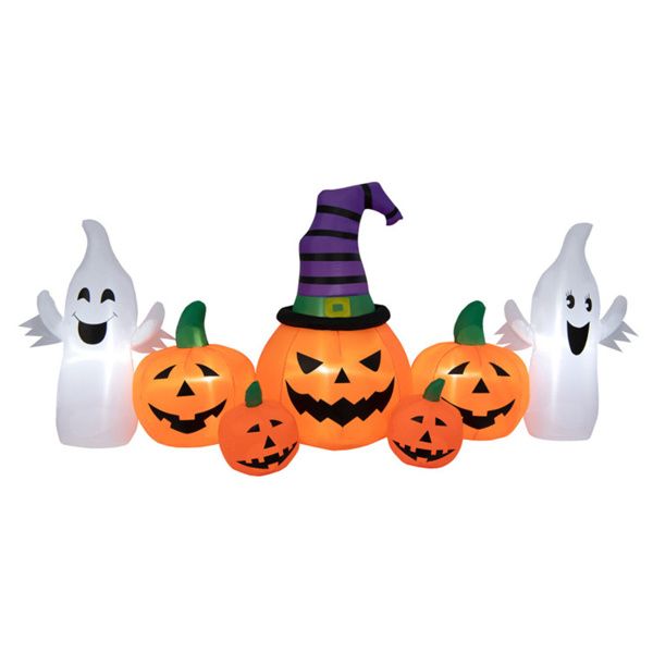 9ft Inflatable Halloween Decor: 5 Pumpkins, 2 Ghosts, Internal LED Lights, Waterproof Polyester, 1-Min Inflation