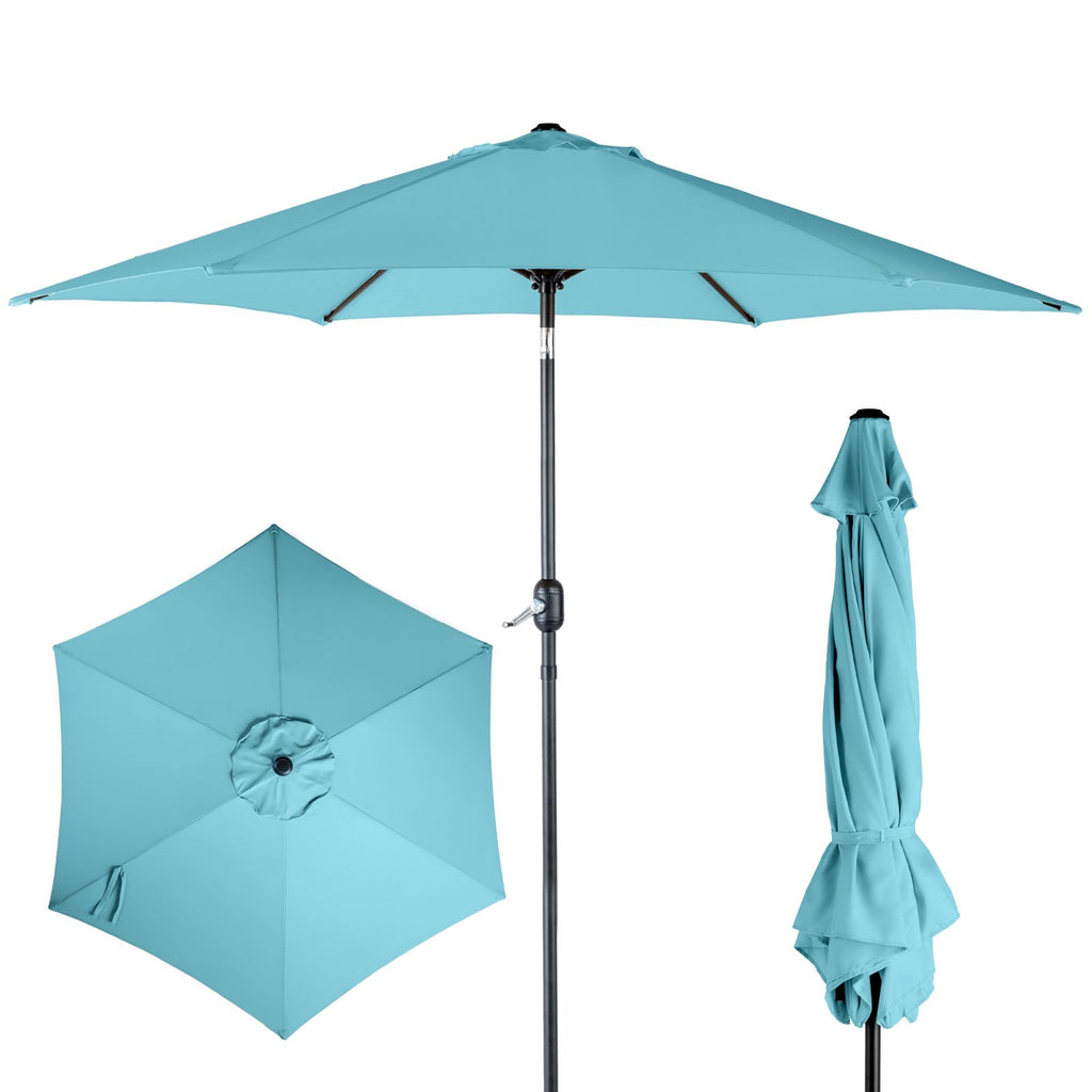 9ft Patio Umbrella, Outdoor Market Umbrella with Push Button Tilt, Crank Handle, 6 Sturdy Iron Ribs, UPF 50+ Waterproof Polyester Canopy, KD Design for Garden, Deck, Backyard, Poolside, Sky Blue