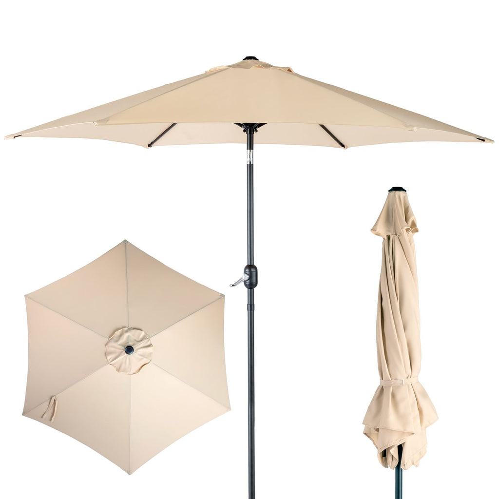 9ft Patio Umbrella, Outdoor Market Umbrella with Push Button Tilt, Crank Handle, 6 Sturdy Iron Ribs, UPF 50+ Waterproof Solution-Dyed Polyester Canopy, for Garden, Deck, Backyard, Poolside, Beige