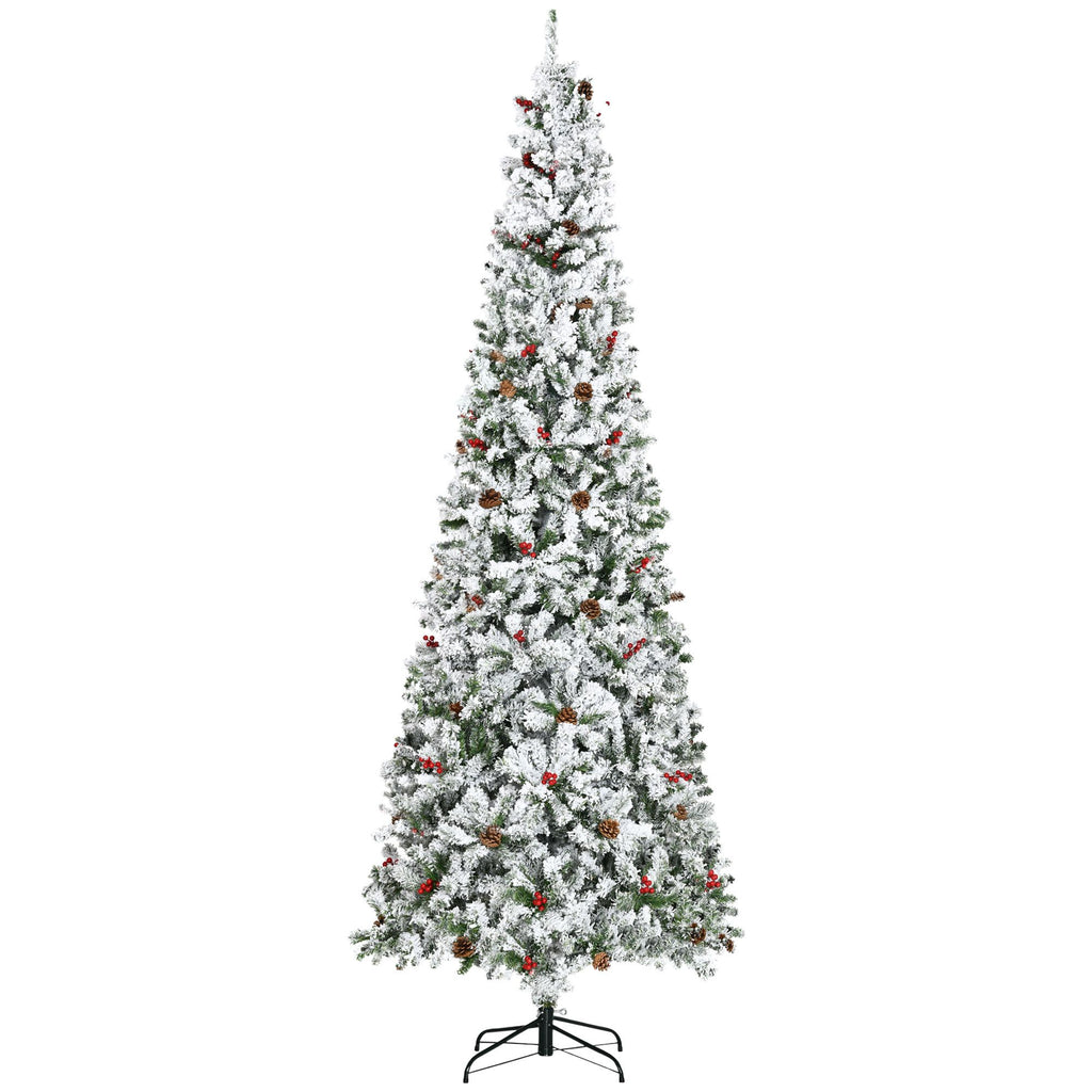 9ft Pencil Snow Flocked Artificial Christmas Tree 1350 Branches Green White