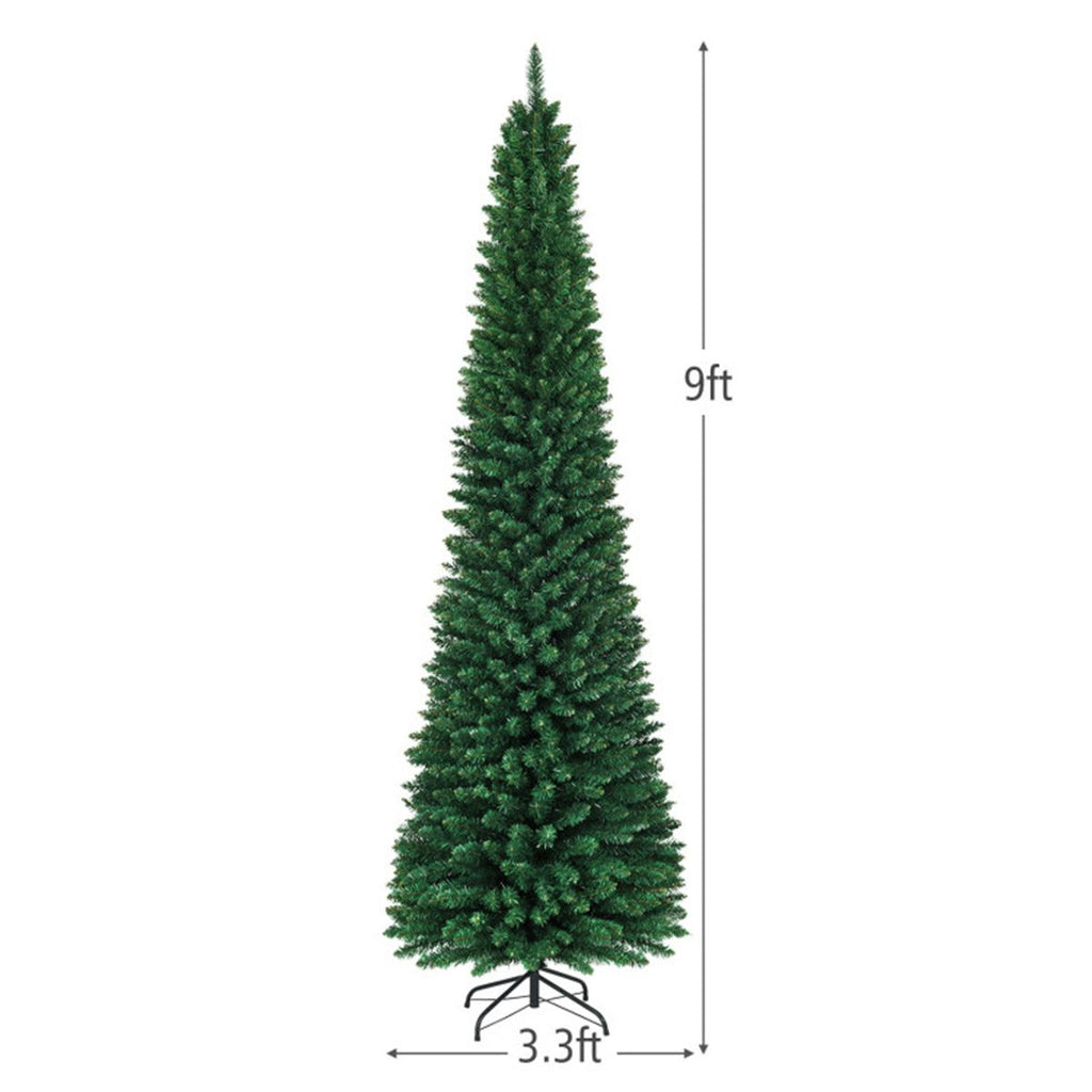9ft Slim Pencil Christmas Tree - Space-Saving Design for Small Corners, 1500 Realistic PVC Branches with Flocked Finish