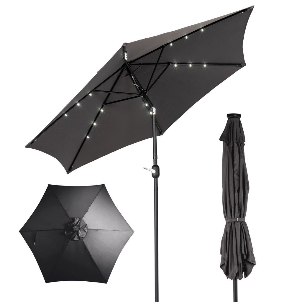 9ft Solar LED Patio Umbrella with Push Button Tilt & Crank, 6 Ribs Waterproof Polyester Outdoor Market Table Umbrella for Garden Backyard Pool, Gray