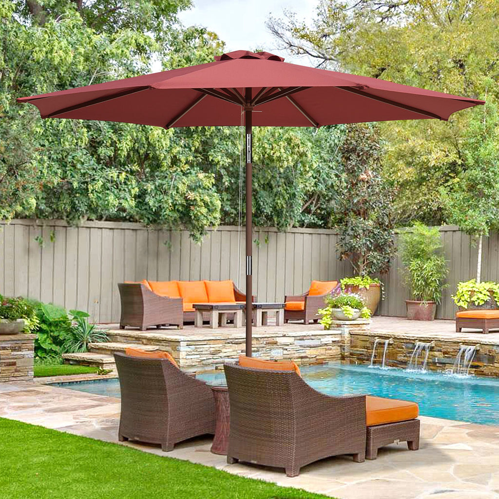 9ft Wooden Umbrella, Outdoor Patio Umbrella, Wood Market Umbrella, Patio Umbrella Wood Pole with Pulley Lift for Garden, Yard, Deck, Pool, Market - REDNo shipments on weekends