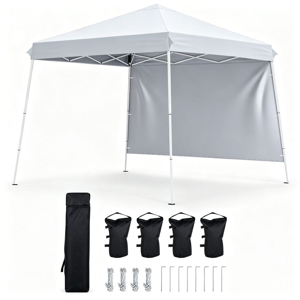 9ft x 9ft Pop Up Canopy Tent with Sidewall, UPF 50+ Silver Coated Waterproof Oxford Instant Shelter, 2-Level Adjustable Height Outdoor Canopy with Stakes Sandbags- White