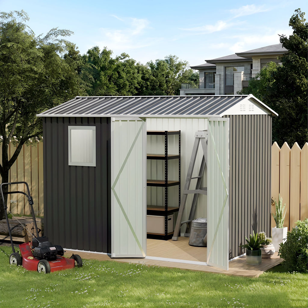 9x6 FT Metal Garden Shed with 1 Windows for Outdoors Patio Hinge Doors Storage Sheds