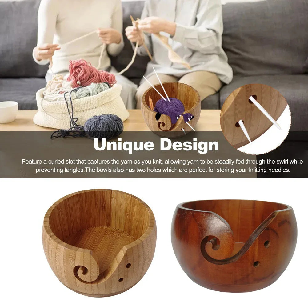 1pc Wooden Yarn Bowl With Handmade Holes, Knitting Crochet Weaving Tool, Wool Holder Organizer, Knitting Storage Basket