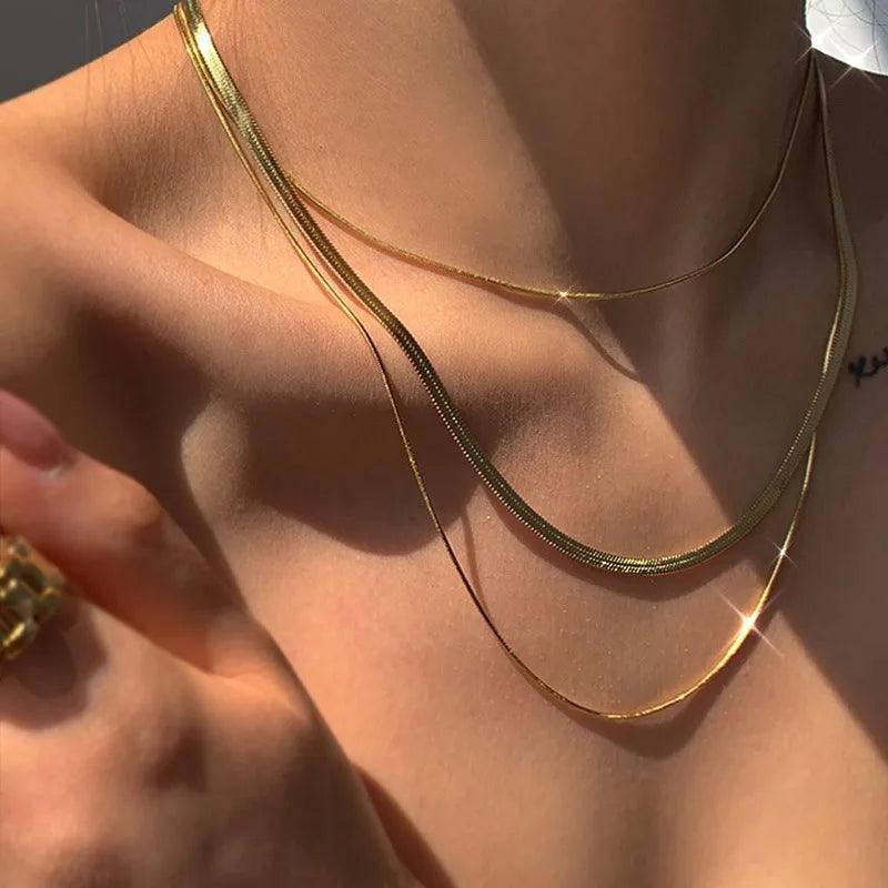 E.B.belle Tarnish Free Stainless Steel 18K Gold Plated Herryingbone Snake Chain Layer Necklace Sexy Women's Gold Chain Necklace