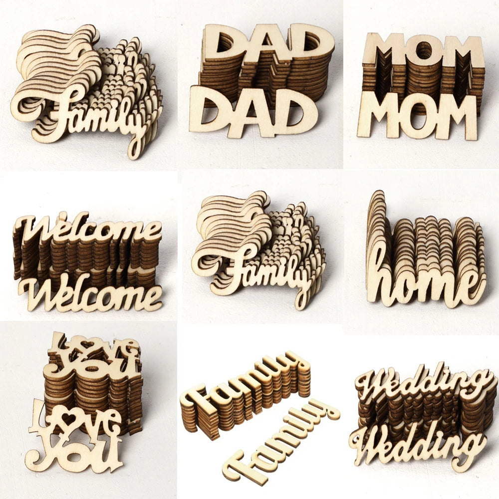 10 Pieces Wooden Family Word Letters Alphabet Script for Family Tree Crafts Home Decor Wedding DIY Decorations  Basswood Carving