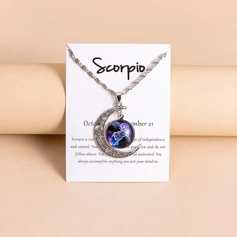 Vintage 12 Zodiac Sign Moon Pendant Necklaces Galaxy Star Glass Necklace With Gift Cards