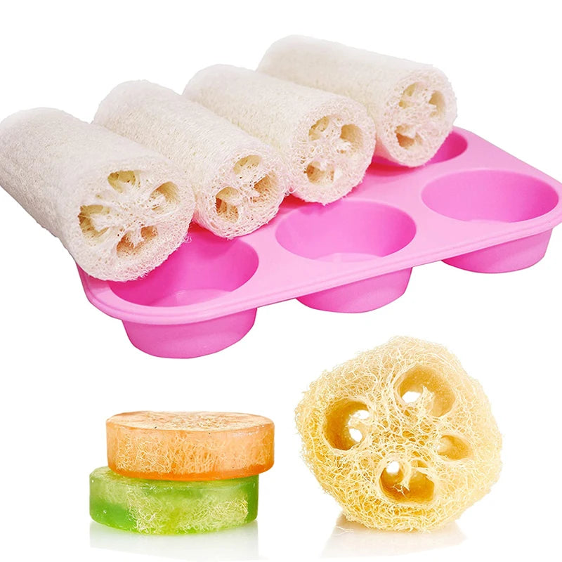 10cm Loofah and Soap Mold Kit Natural Loofah Sponges with Silicone Round Soap Making Tray 4 Luffa Pack with 6 Cavity Soap Mold