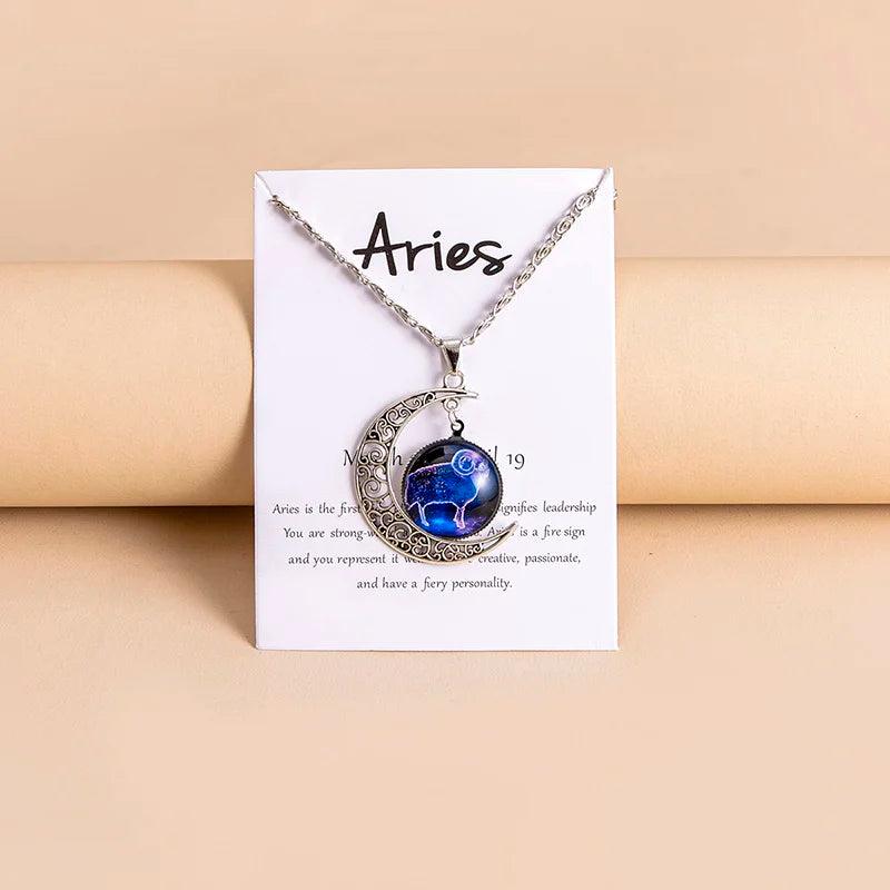 Vintage 12 Zodiac Sign Moon Pendant Necklaces Galaxy Star Glass Necklace With Gift Cards