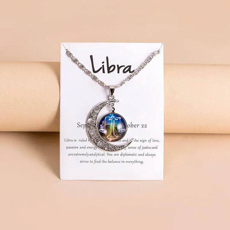 Vintage 12 Zodiac Sign Moon Pendant Necklaces Galaxy Star Glass Necklace With Gift Cards