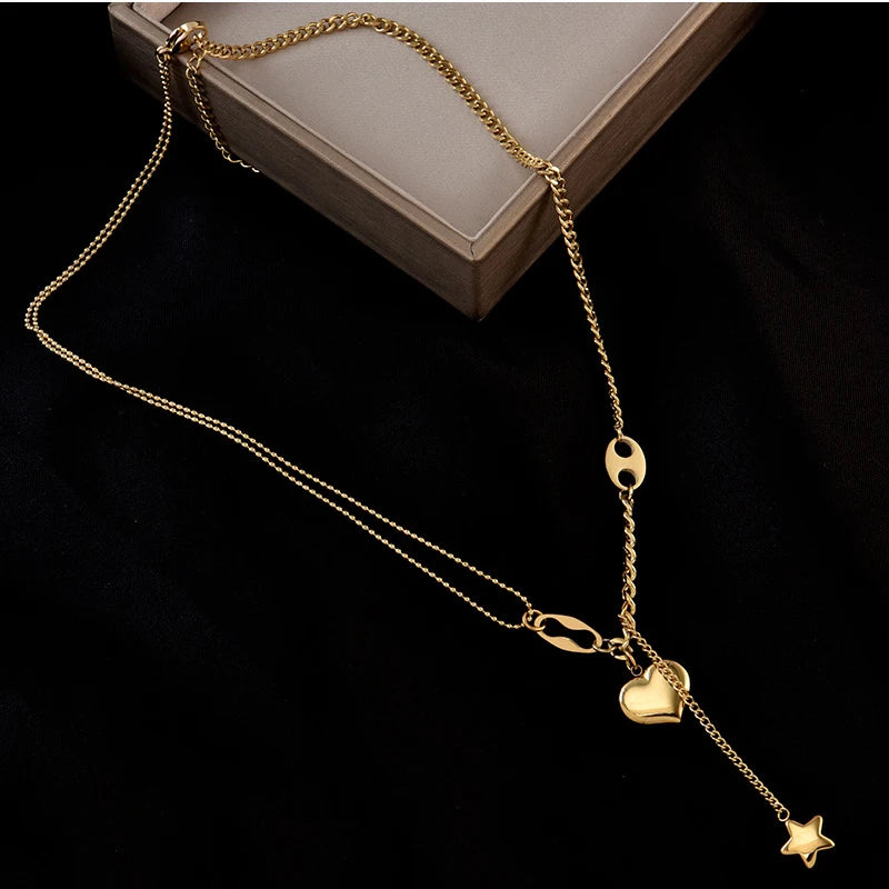 DIEYURO 316L Stainless Steel Long Love Heart  Women Girls Necklaces&Pendant Star Hanging Chain Choker Sweet Valentine's Day Gift