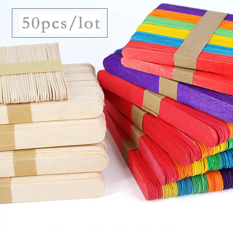 50Pcs Wooden Popsicle Sticks Natural Wood Ice Cream Sticks Creative Kids puzzle DIY Hand Crafts Building Blocks Accessories