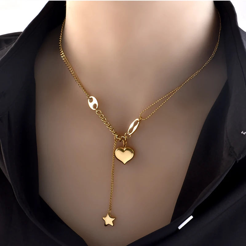 DIEYURO 316L Stainless Steel Long Love Heart  Women Girls Necklaces&Pendant Star Hanging Chain Choker Sweet Valentine's Day Gift