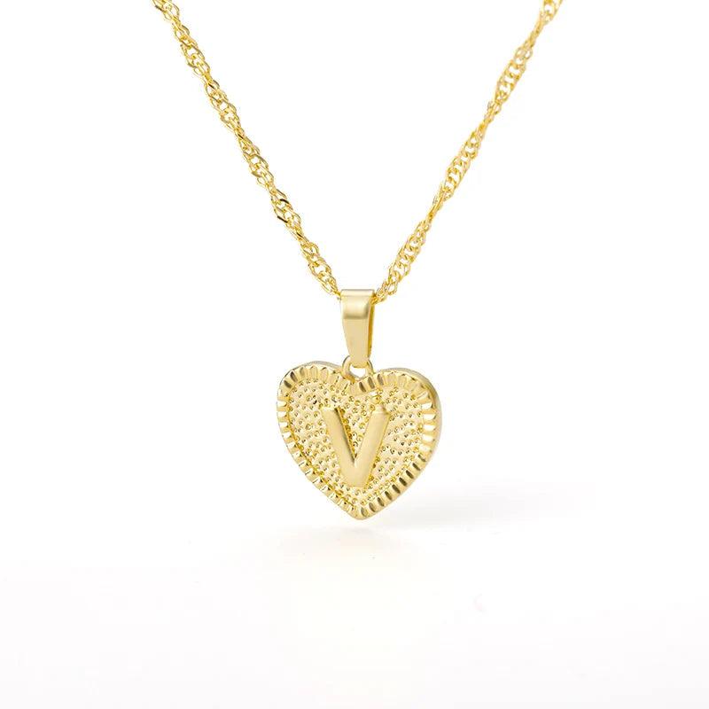 A-Z Initial Letter Heart Pendant Necklace For Women Stainless Steel Alphabet Heart Charm Chain Choker Jewelry Gift Collier Femme