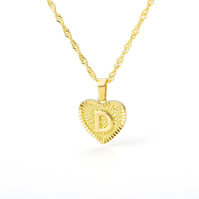 A-Z Initial Letter Heart Pendant Necklace For Women Stainless Steel Alphabet Heart Charm Chain Choker Jewelry Gift Collier Femme