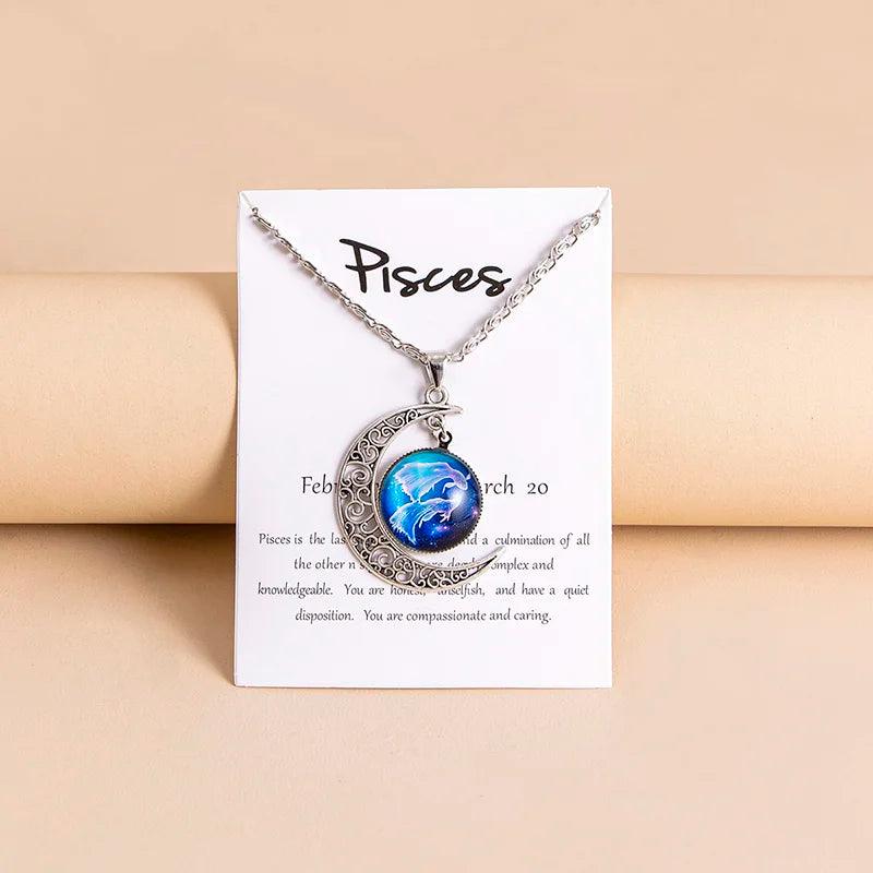 Vintage 12 Zodiac Sign Moon Pendant Necklaces Galaxy Star Glass Necklace With Gift Cards