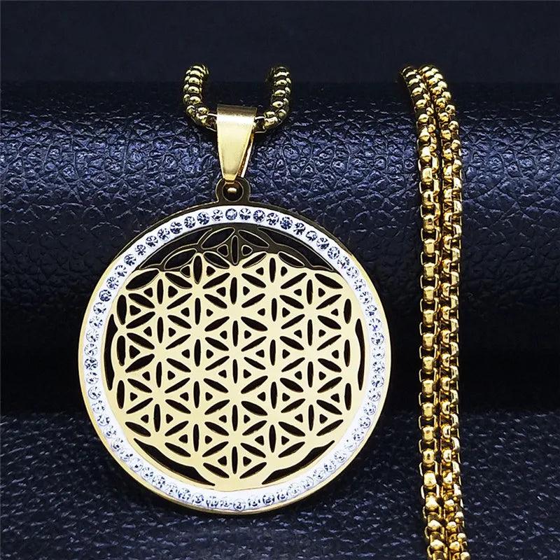 Yoga Flower of Life Stainless Steel Crystal Chain Necklaces Women/Men Seed of Life Pendant Necklace Jewelry fleur de vie N4834