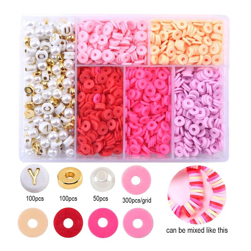6mm Polymer Clay Beads Kit Flat Round Spacer Beads Kit with Alphabet Beads Pearls for Bracelets Necklace Making Jewelry DIY