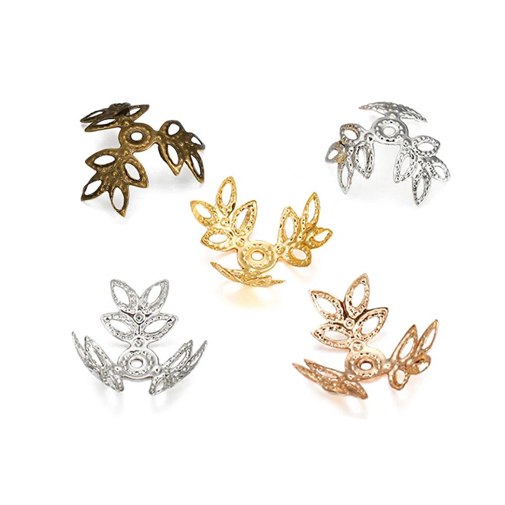 100pcs/lot 16x16mm Metallic KC Gold Three leaves Spacer Beads End Cap For DIY Jewelry Making Bracelet Findings Supplies